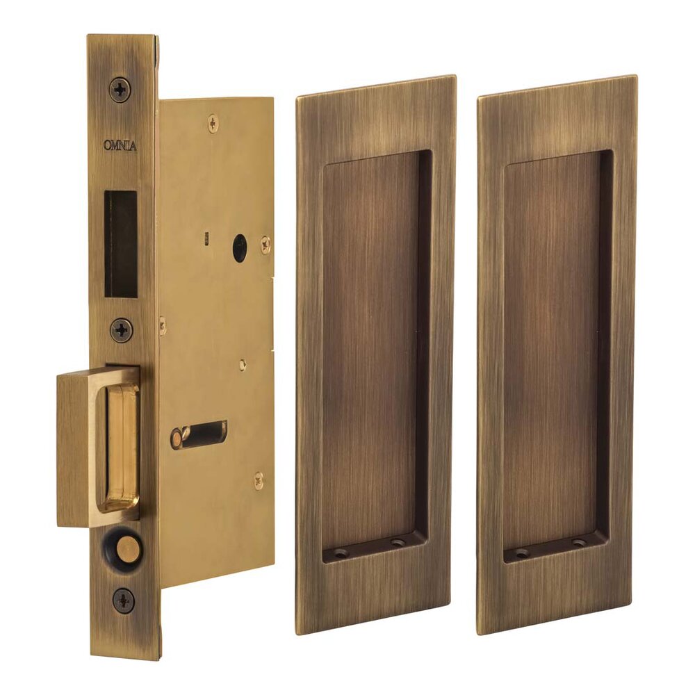 Omnia Hardware Large Modern Rectangle Dummy Pair Pocket Door Mortise Hardware in Antique Brass Lacquered