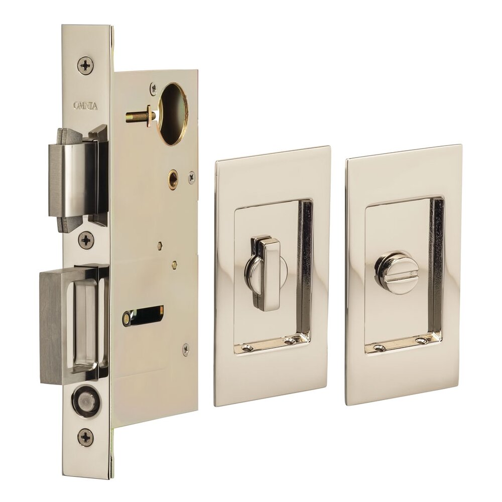 Omnia Hardware Small Modern Rectangle Privacy Pocket Door Mortise Lock in Polished Polished Nickel Lacquered