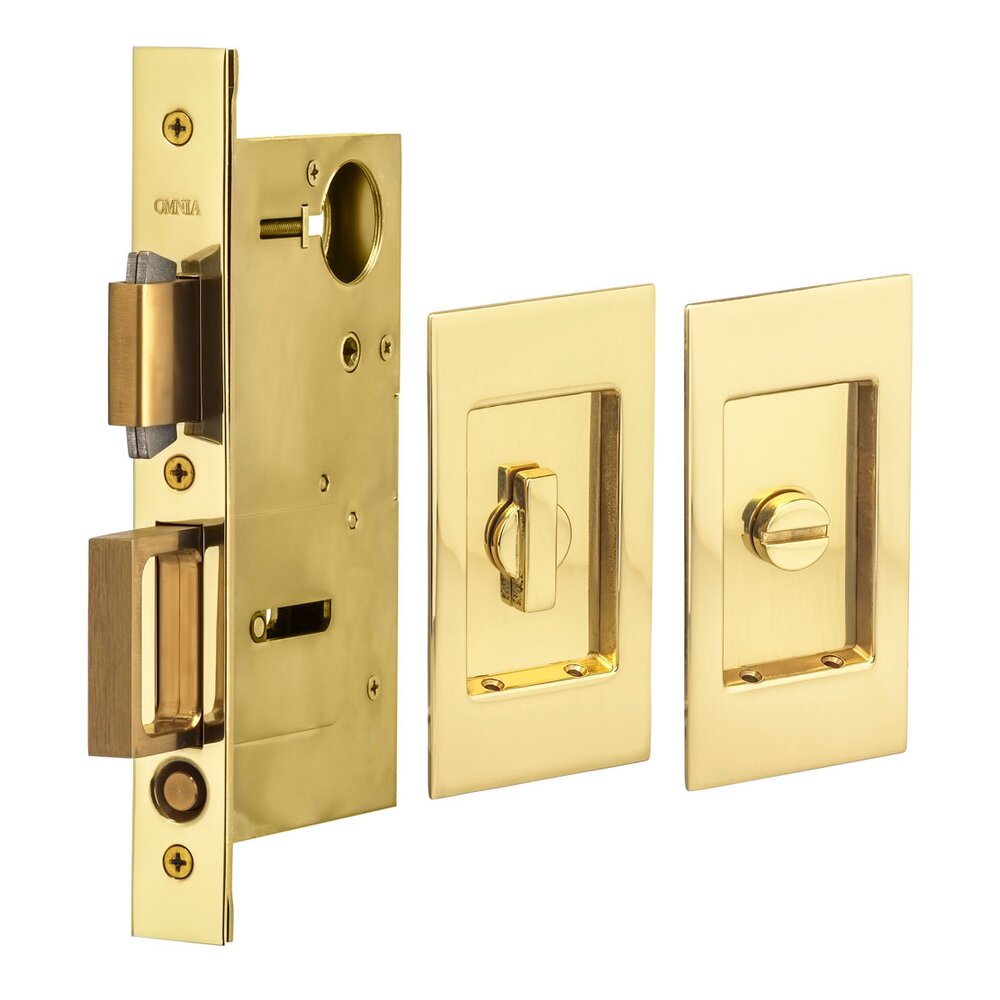Omnia Hardware Small Modern Rectangle Privacy Pocket Door Mortise Lock in Polished Brass Unlacquered