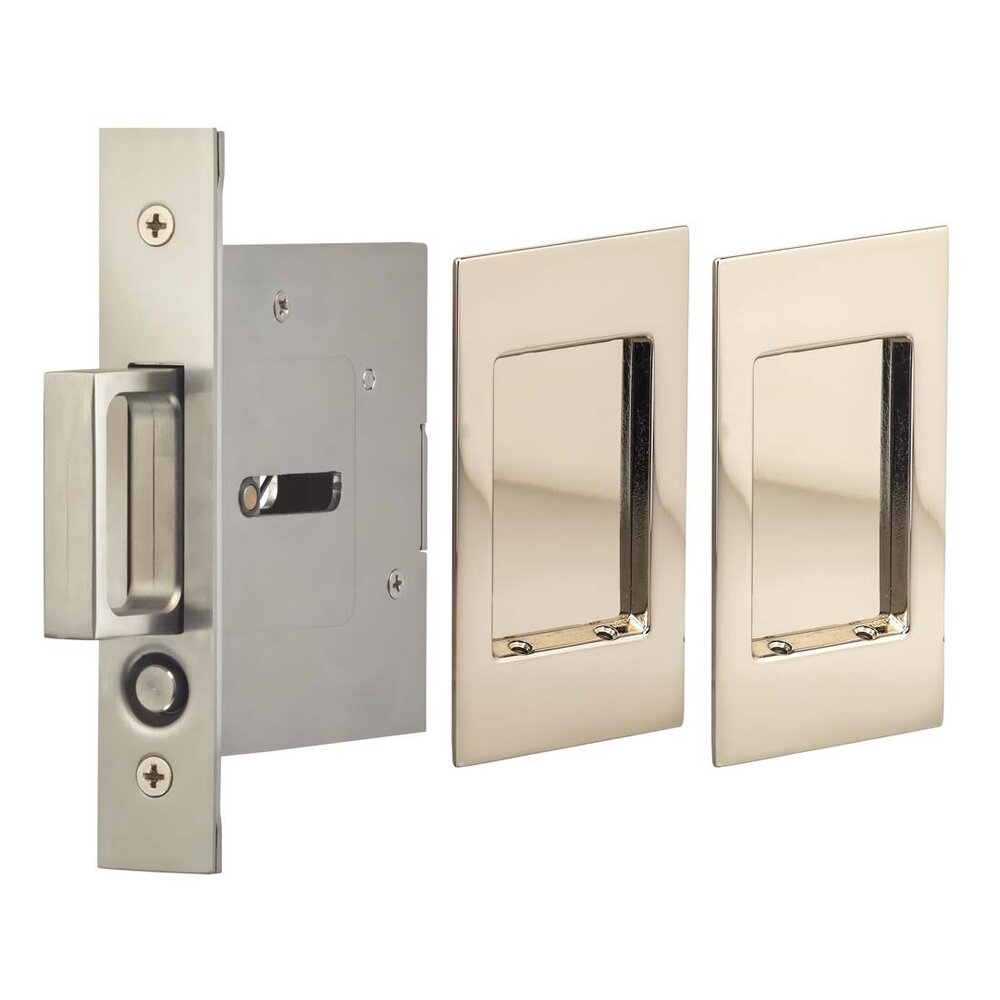 Omnia Hardware Small Modern Rectangle Passage Pocket Door Mortise Hardware in Polished Polished Nickel Lacquered