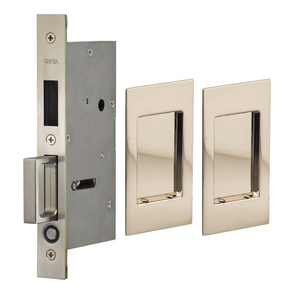 Omnia Hardware Small Modern Rectangle Dummy Pair Pocket Door Mortise Hardware in Polished Polished Nickel Lacquered