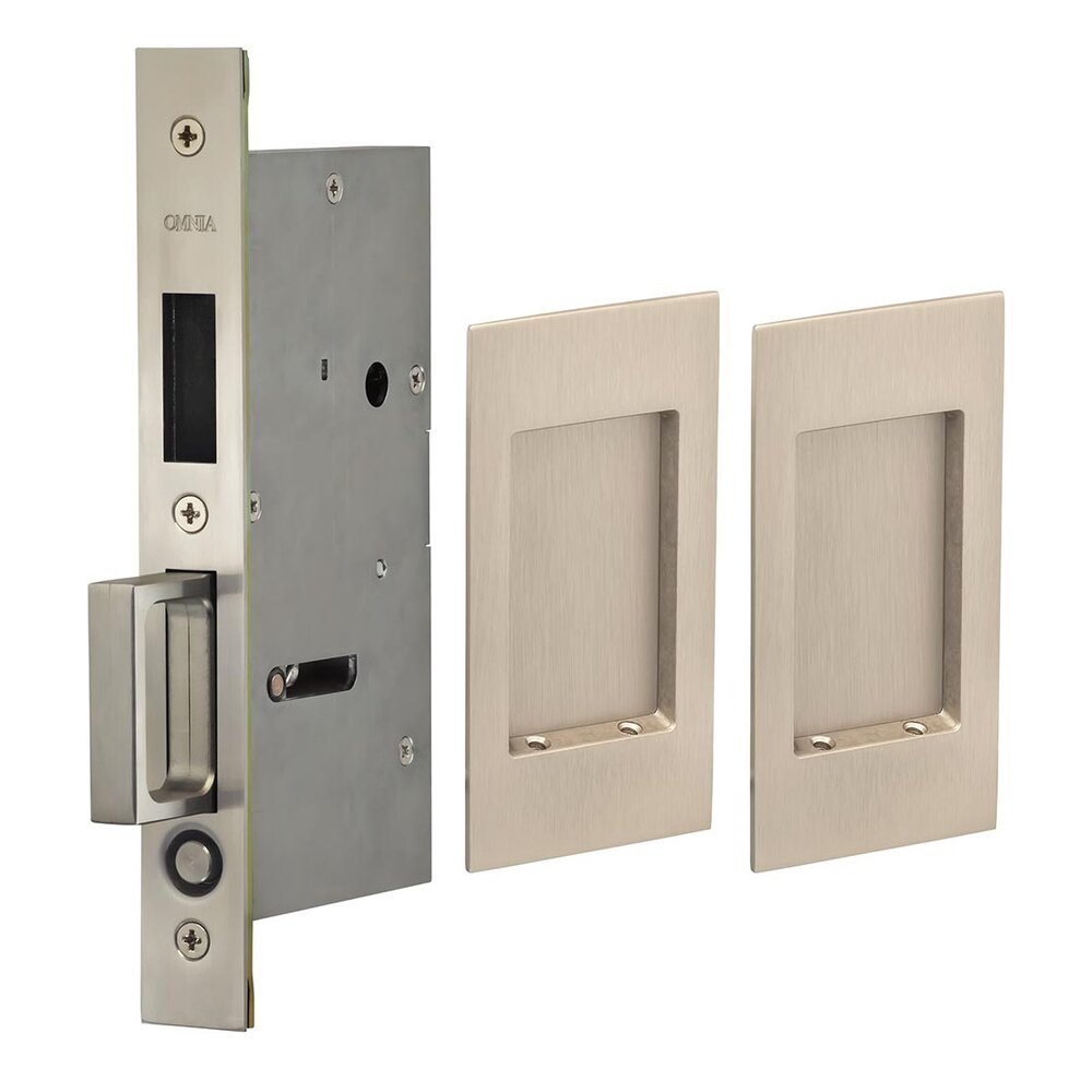 Omnia Hardware Small Modern Rectangle Dummy Pair Pocket Door Mortise Hardware in Satin Nickel Lacquered