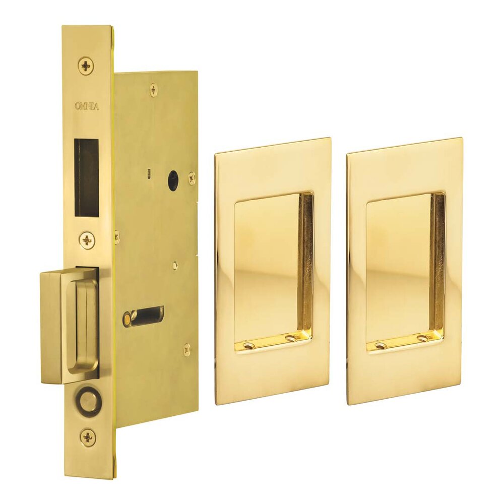 Omnia Hardware Small Modern Rectangle Dummy Pair Pocket Door Mortise Hardware in Polished Brass Lacquered