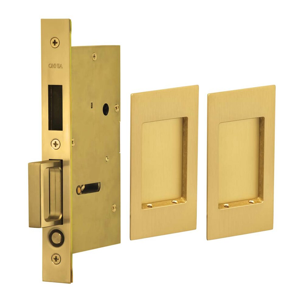 Omnia Hardware Small Modern Rectangle Dummy Pair Pocket Door Mortise Hardware in Satin Brass Lacquered