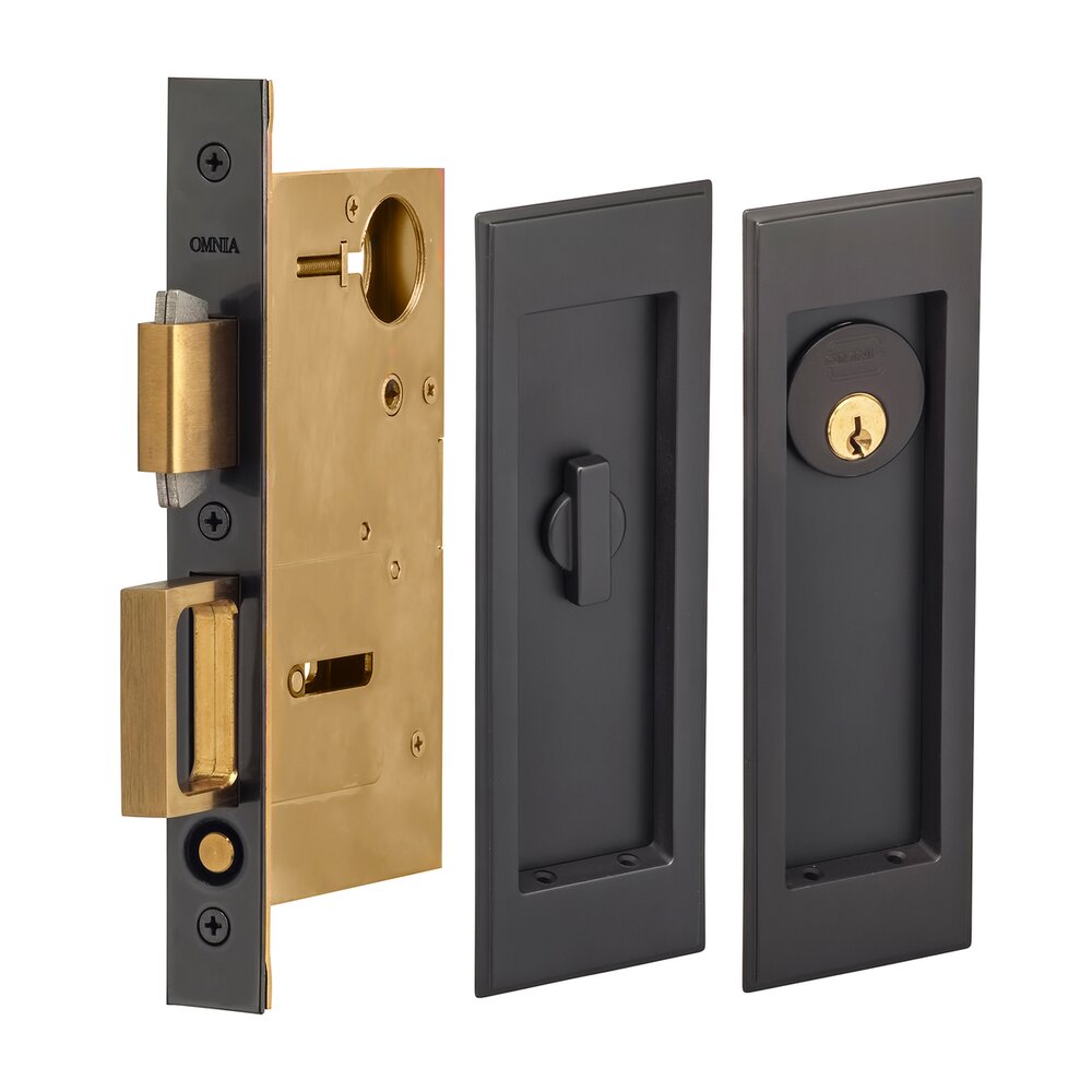 Omnia Hardware Large Stepped Rectangle Keyed Pocket Door Mortise Lock in Oil Rubbed Bronze Lacquered
