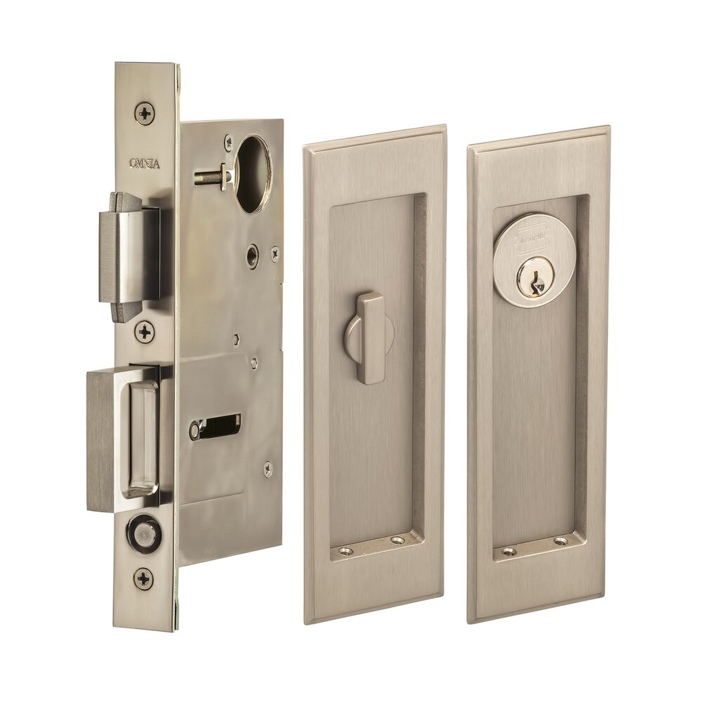 Omnia Hardware Large Stepped Rectangle Keyed Pocket Door Mortise Lock in Satin Nickel Lacquered