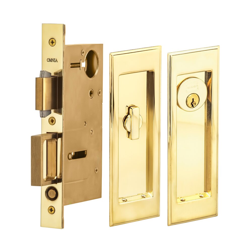 Omnia Hardware Large Stepped Rectangle Keyed Pocket Door Mortise Lock in Polished Brass Unlacquered