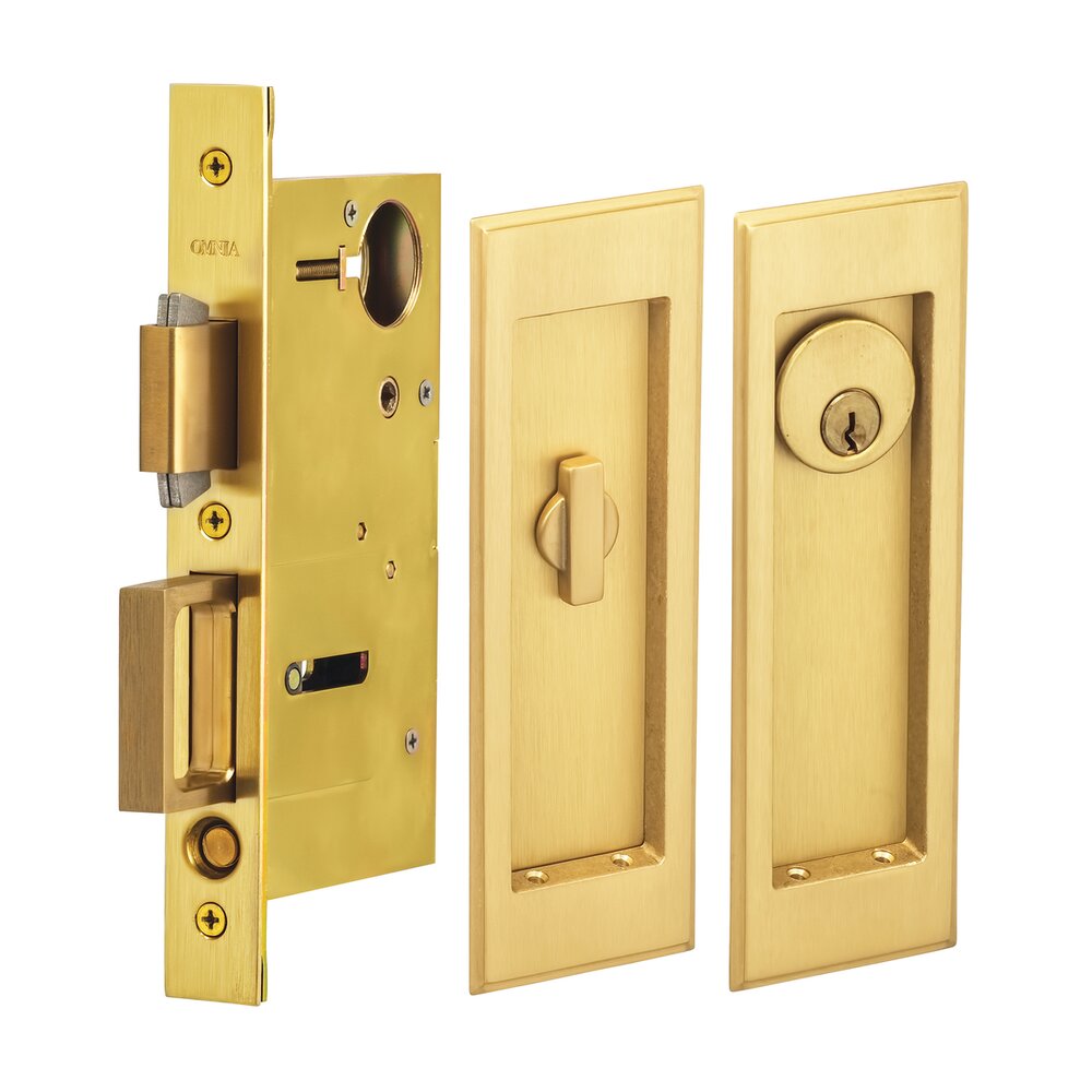 Omnia Hardware Large Stepped Rectangle Keyed Pocket Door Mortise Lock in Satin Brass Lacquered