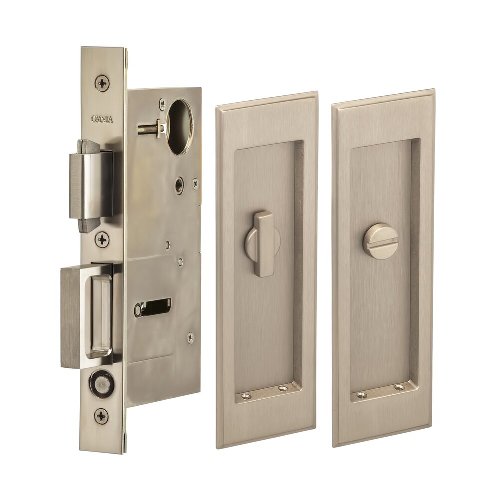 Omnia Hardware Large Stepped Rectangle Privacy Pocket Door Mortise Lock in Satin Nickel Lacquered