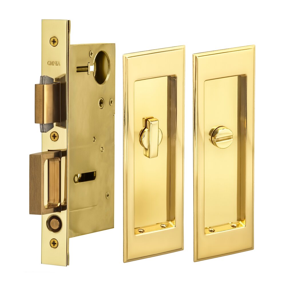Omnia Hardware Large Stepped Rectangle Privacy Pocket Door Mortise Lock in Polished Brass Lacquered
