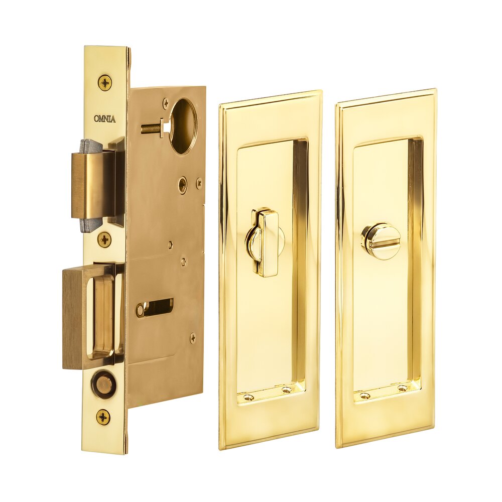 Omnia Hardware Large Stepped Rectangle Privacy Pocket Door Mortise Lock in Polished Brass Unlacquered