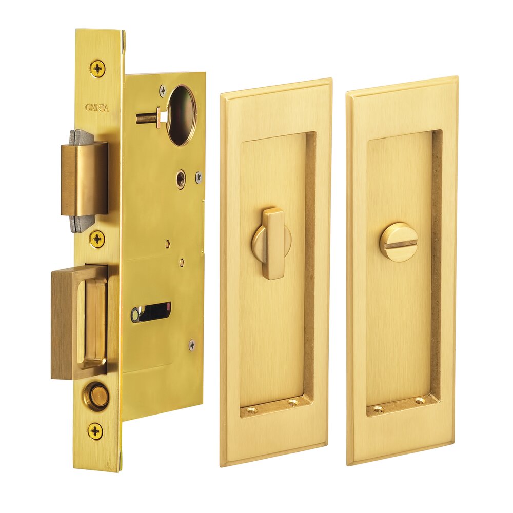 Omnia Hardware Large Stepped Rectangle Privacy Pocket Door Mortise Lock in Satin Brass Lacquered