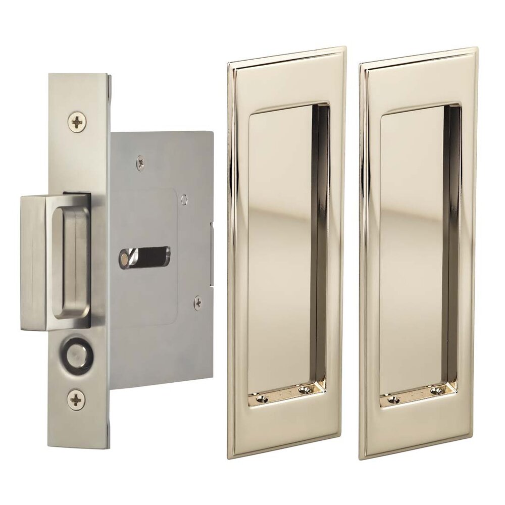 Omnia Hardware Large Stepped Rectangle Passage Pocket Door Mortise Hardware in Polished Polished Nickel Lacquered