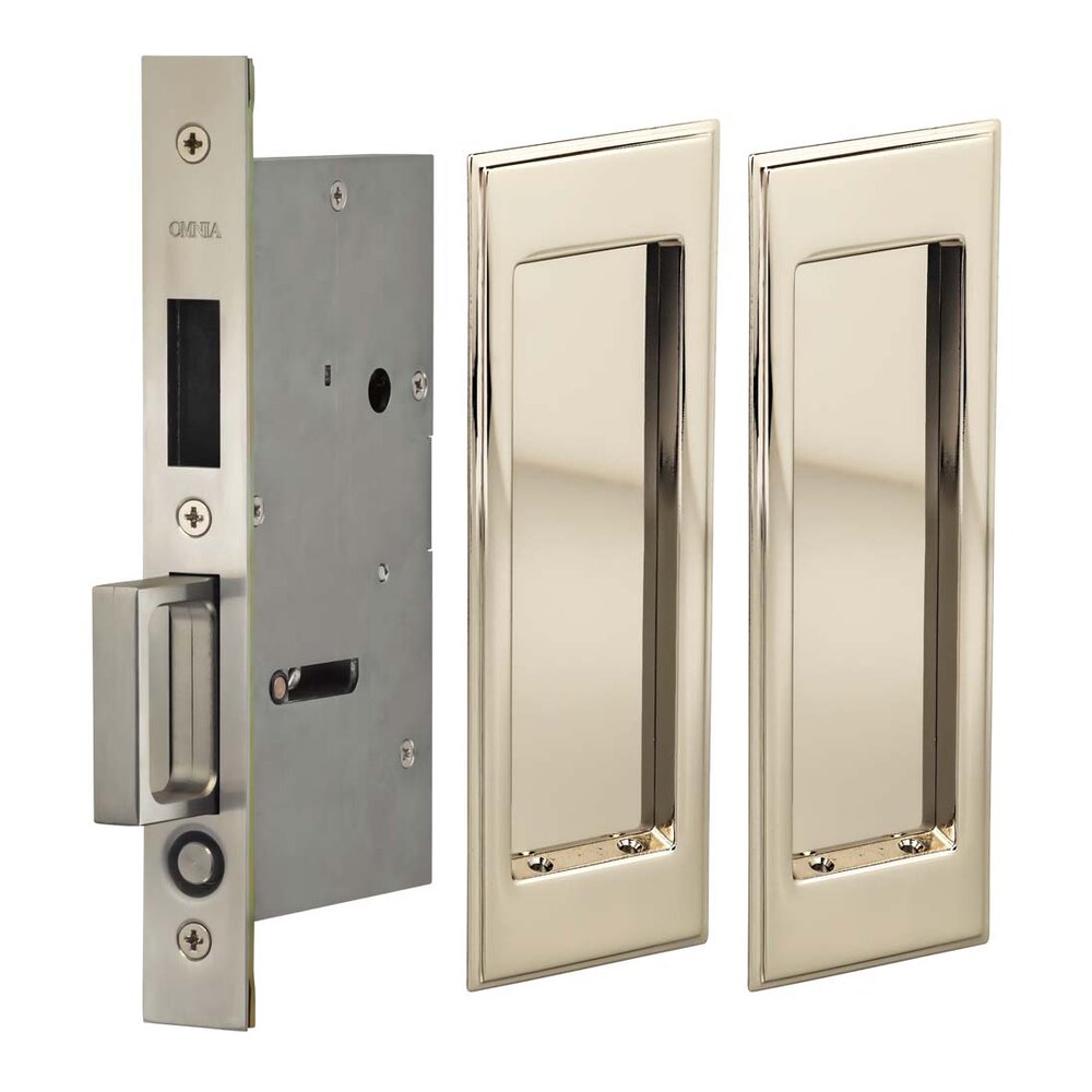 Omnia Hardware Large Stepped Rectangle Dummy Pair Pocket Door Mortise Hardware in Polished Polished Nickel Lacquered
