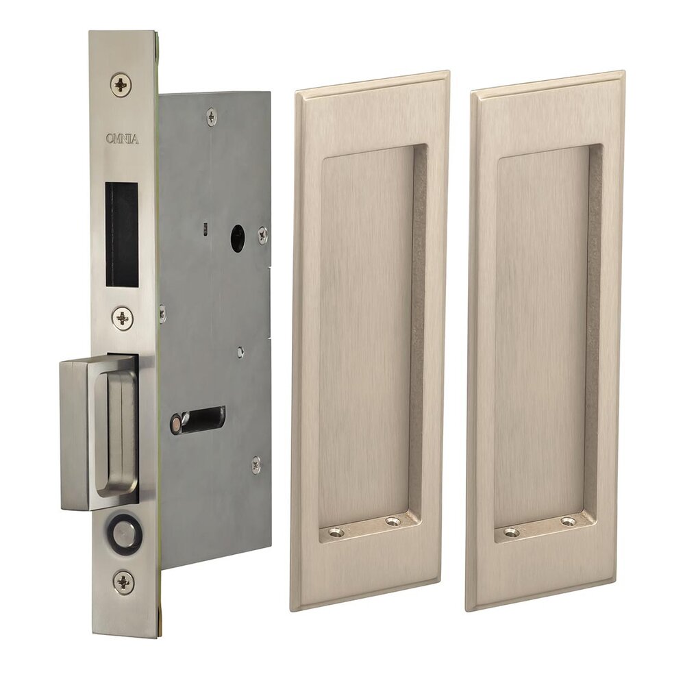 Omnia Hardware Large Stepped Rectangle Dummy Pair Pocket Door Mortise Hardware in Satin Nickel Lacquered