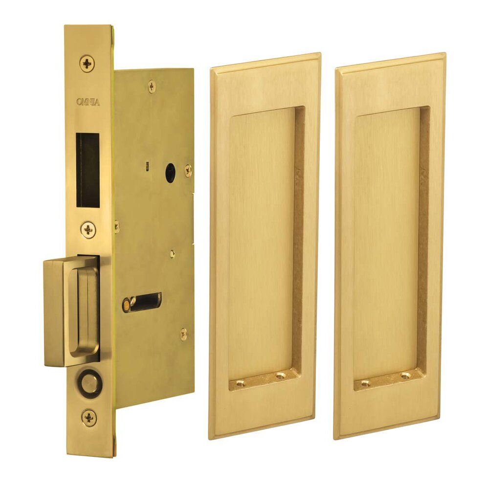 Omnia Hardware Large Stepped Rectangle Dummy Pair Pocket Door Mortise Hardware in Satin Brass Lacquered