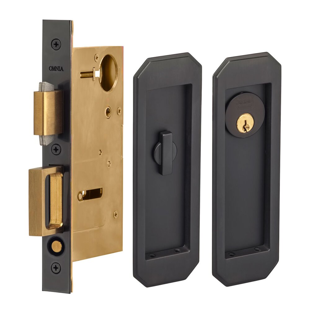 Omnia Hardware Large Traditional Rectangle Keyed Pocket Door Mortise Lock in Oil Rubbed Bronze Lacquered