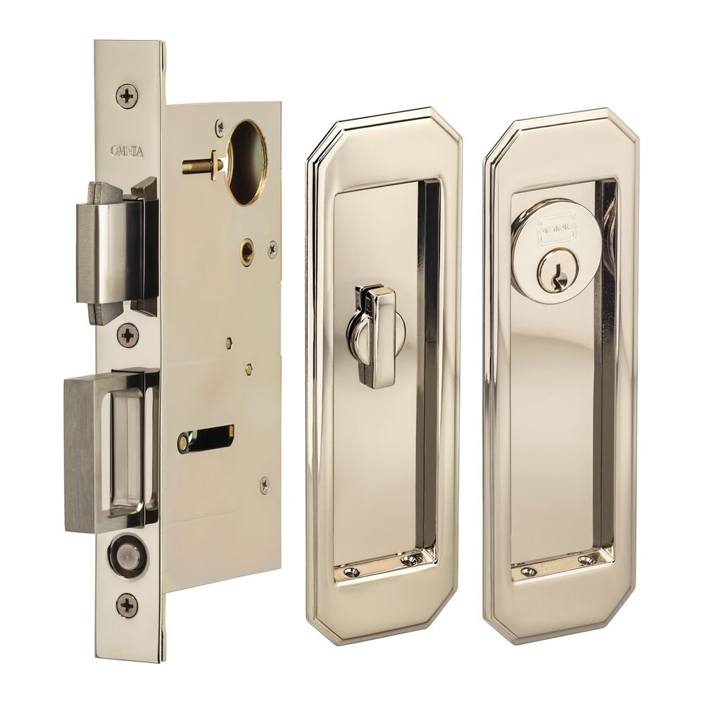 Omnia Hardware Large Traditional Rectangle Keyed Pocket Door Mortise Lock in Polished Polished Nickel Lacquered