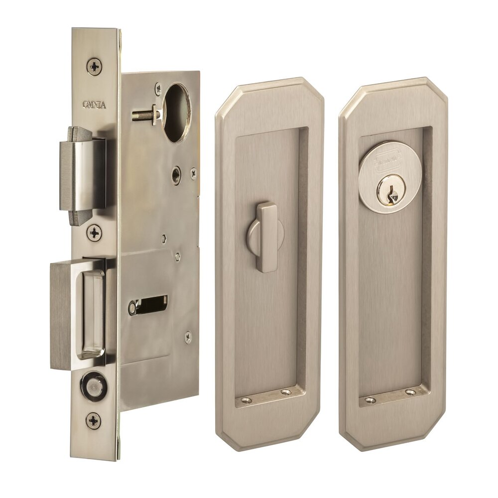 Omnia Hardware Large Traditional Rectangle Keyed Pocket Door Mortise Lock in Satin Nickel Lacquered