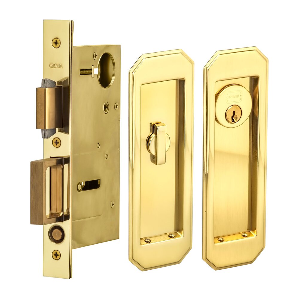 Omnia Hardware Large Traditional Rectangle Keyed Pocket Door Mortise Lock in Polished Brass Lacquered