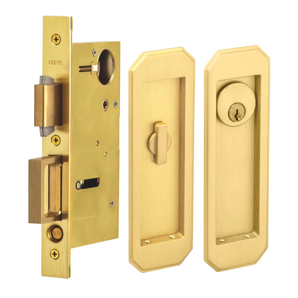 Omnia Hardware Large Traditional Rectangle Keyed Pocket Door Mortise Lock in Satin Brass Lacquered