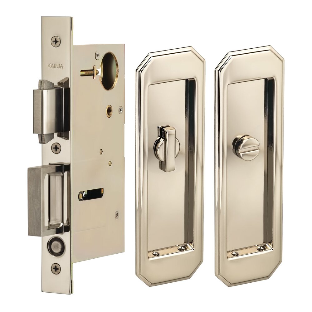 Omnia Hardware Large Traditional Rectangle Privacy Pocket Door Mortise Lock in Polished Polished Nickel Lacquered