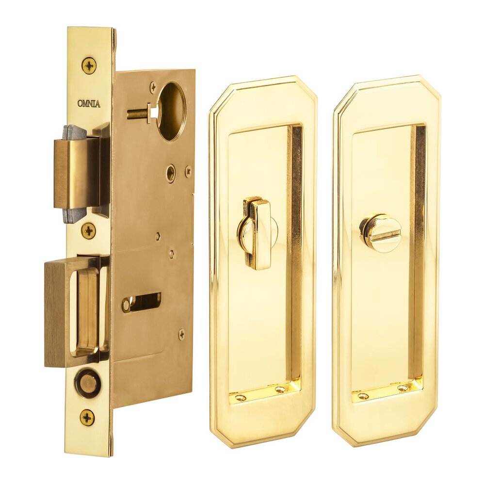 Omnia Hardware Large Traditional Rectangle Privacy Pocket Door Mortise Lock in Polished Brass Lacquered