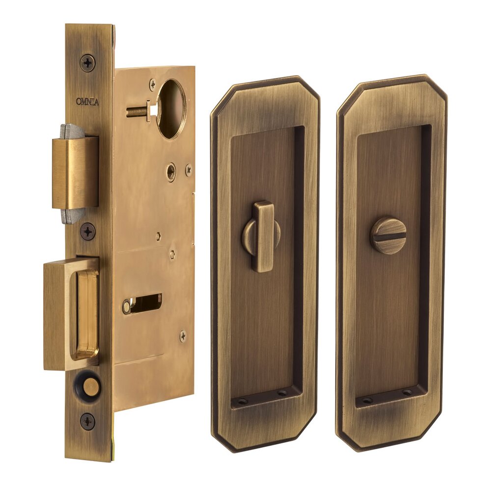 Omnia Hardware Large Traditional Rectangle Privacy Pocket Door Mortise Lock in Antique Brass Lacquered