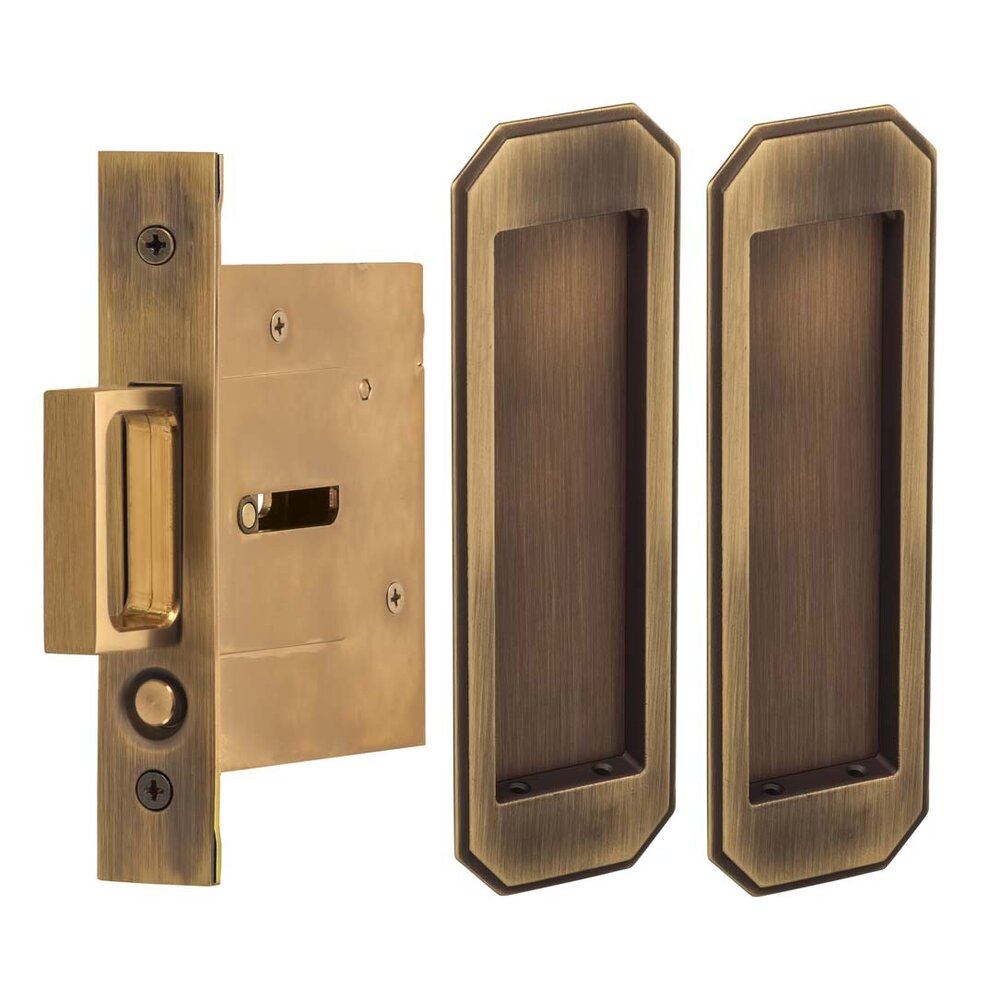 Omnia Hardware Large Traditional Rectangle Passage Pocket Door Mortise Hardware in Antique Brass Lacquered