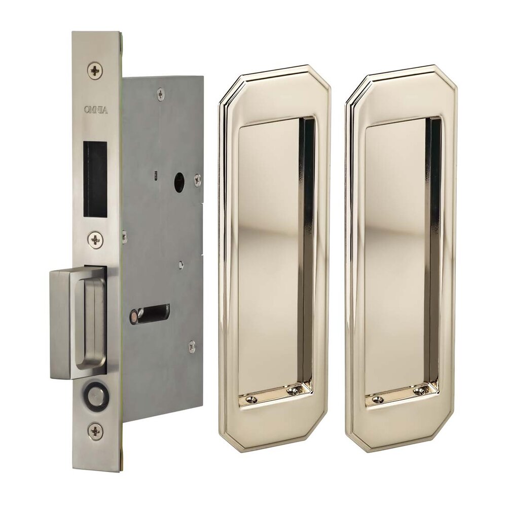 Omnia Hardware Large Traditional Rectangle Dummy Pair Pocket Door Mortise Hardware in Polished Polished Nickel Lacquered