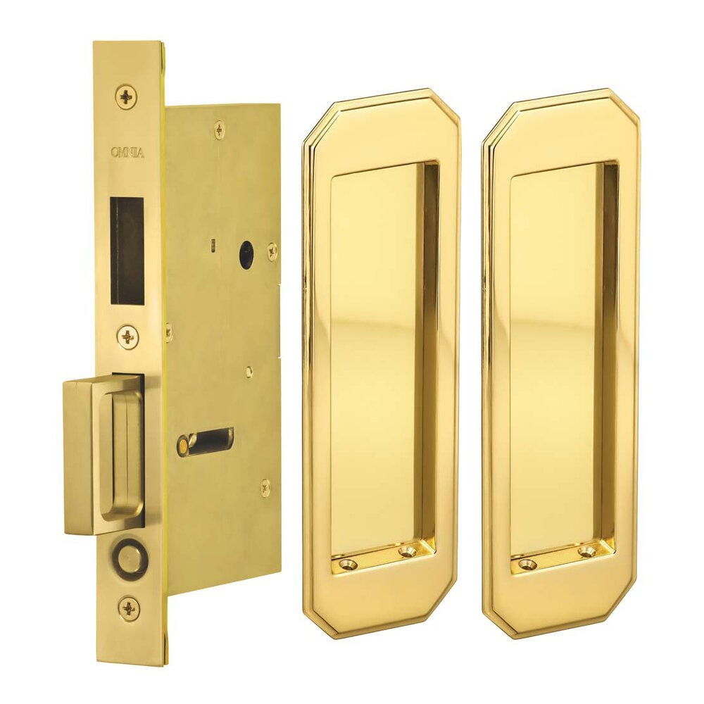 Omnia Hardware Large Traditional Rectangle Dummy Pair Pocket Door Mortise Hardware in Polished Brass Lacquered