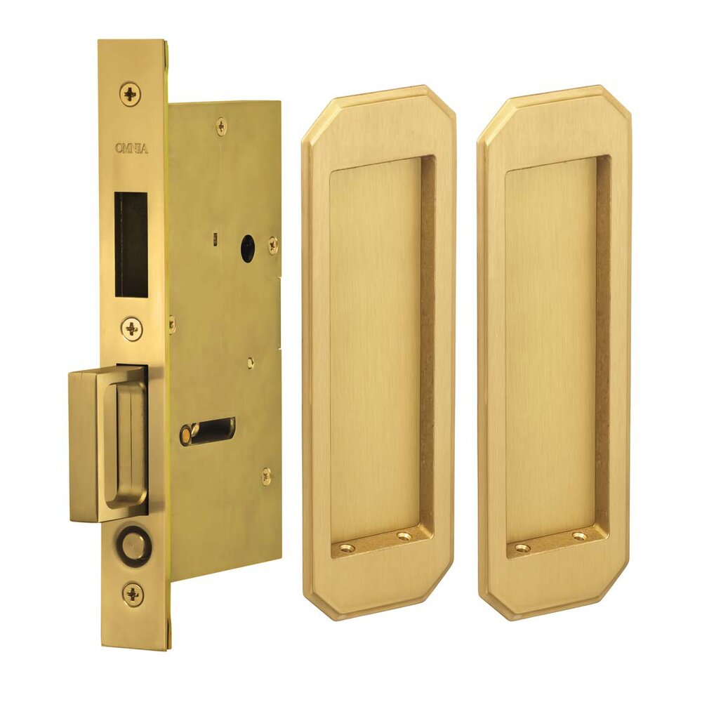 Omnia Hardware Large Traditional Rectangle Dummy Pair Pocket Door Mortise Hardware in Satin Brass Lacquered