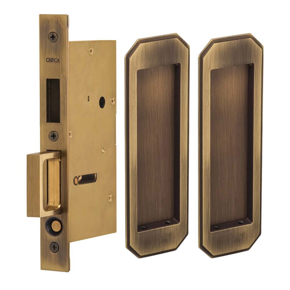 Omnia Hardware Large Traditional Rectangle Dummy Pair Pocket Door Mortise Hardware in Antique Brass Lacquered