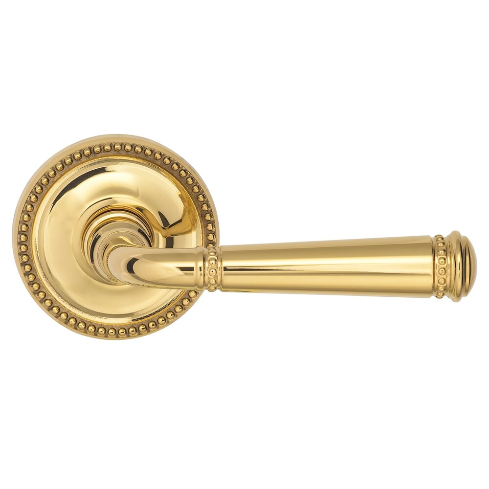 Omnia Hardware Passage Beaded Lever Beaded Rose in Polished Brass Unlacquered