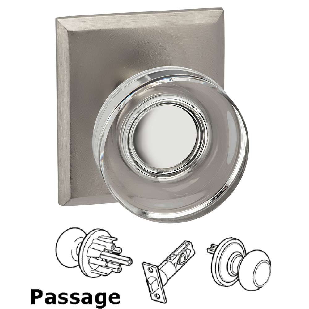 Omnia Hardware Passage Puck Glass Knob With Rectangular Rose in Satin Nickel Lacquered