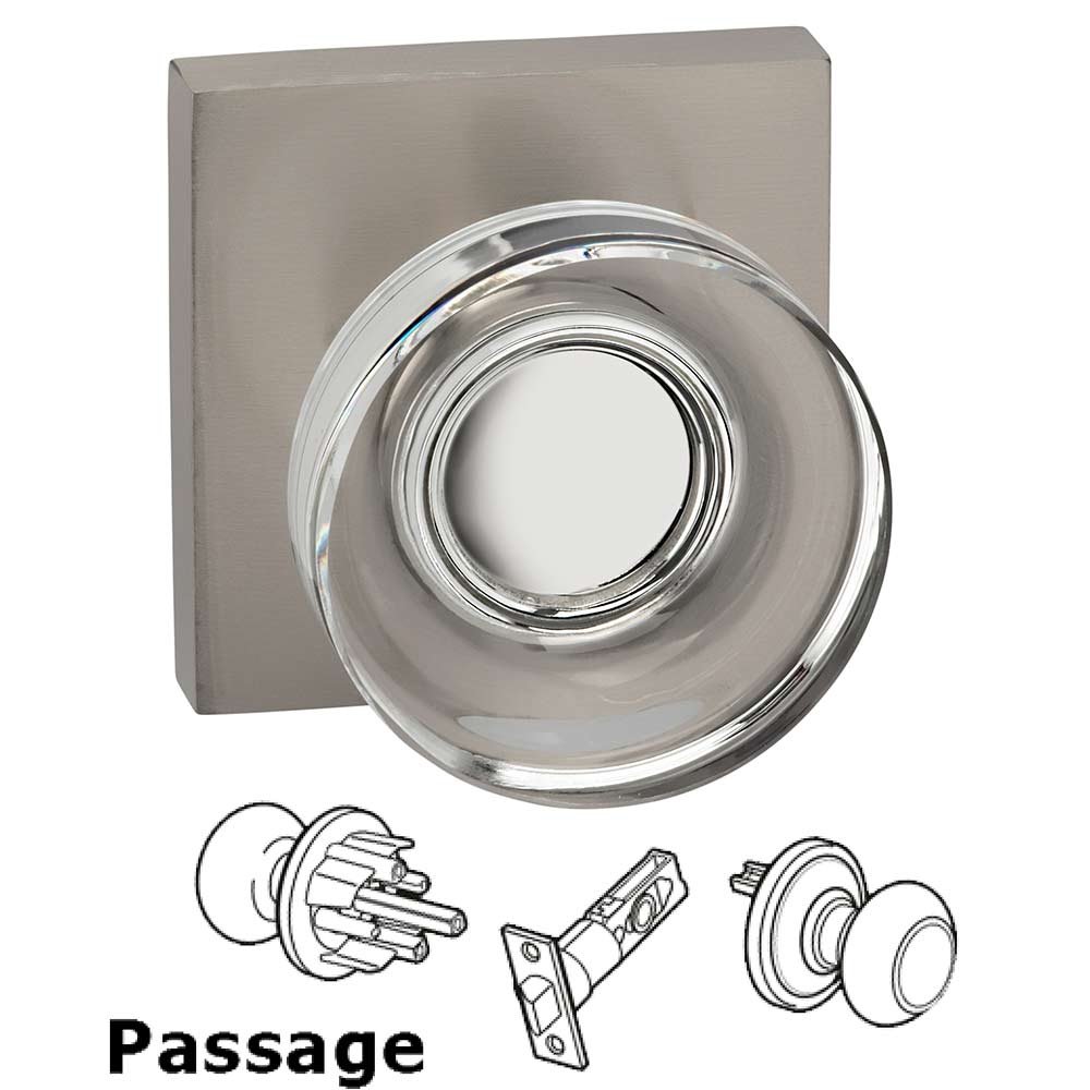 Omnia Hardware Passage Puck Glass Knob With Square Rose in Satin Nickel Lacquered