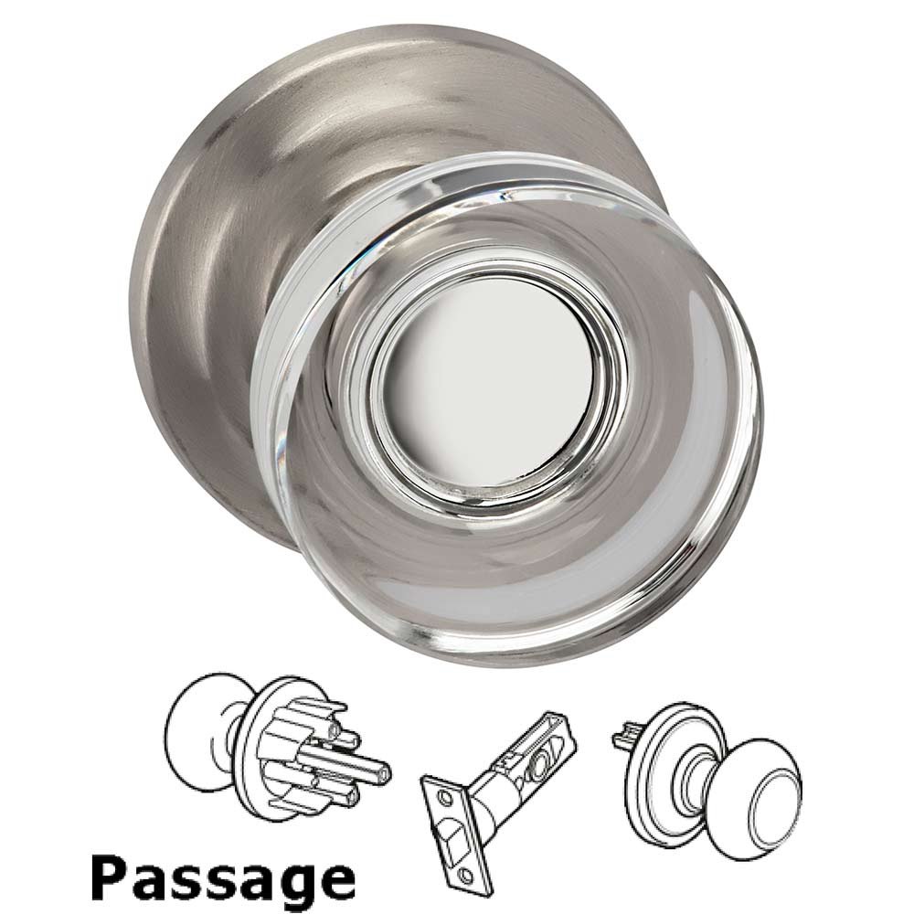 Omnia Hardware Passage Puck Glass Knob With Traditional Rose in Satin Nickel Lacquered