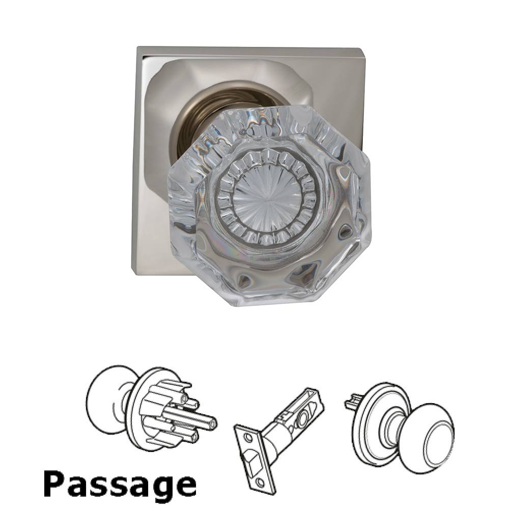 Omnia Hardware Passage Glass Knob with Square Rose in Polished Nickel Lacquered Plated, Lacquered