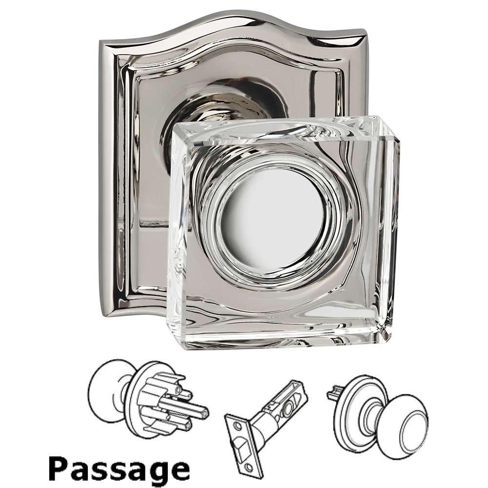 Omnia Hardware Passage Square Glass Knob With Arched Rose in Polished Polished Nickel Lacquered