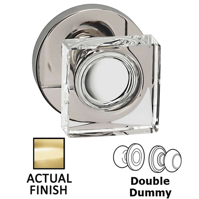 Omnia Hardware Double Dummy Square Glass Knob With Modern Rose in Polished Brass Lacquered