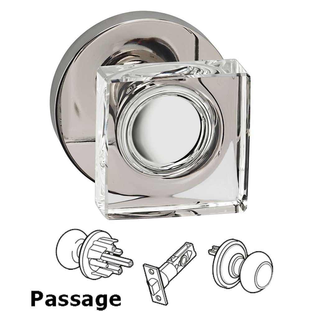 Omnia Hardware Passage Square Glass Knob With Modern Rose in Polished Polished Nickel Lacquered