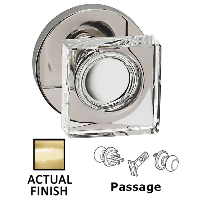 Omnia Hardware Passage Square Glass Knob With Modern Rose in Polished Brass Lacquered