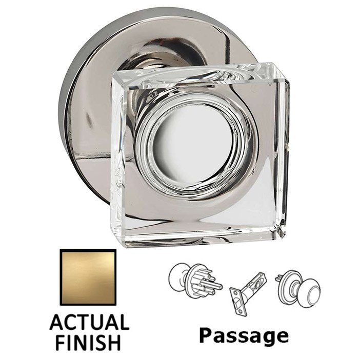 Omnia Hardware Passage Square Glass Knob With Modern Rose in Satin Brass Lacquered