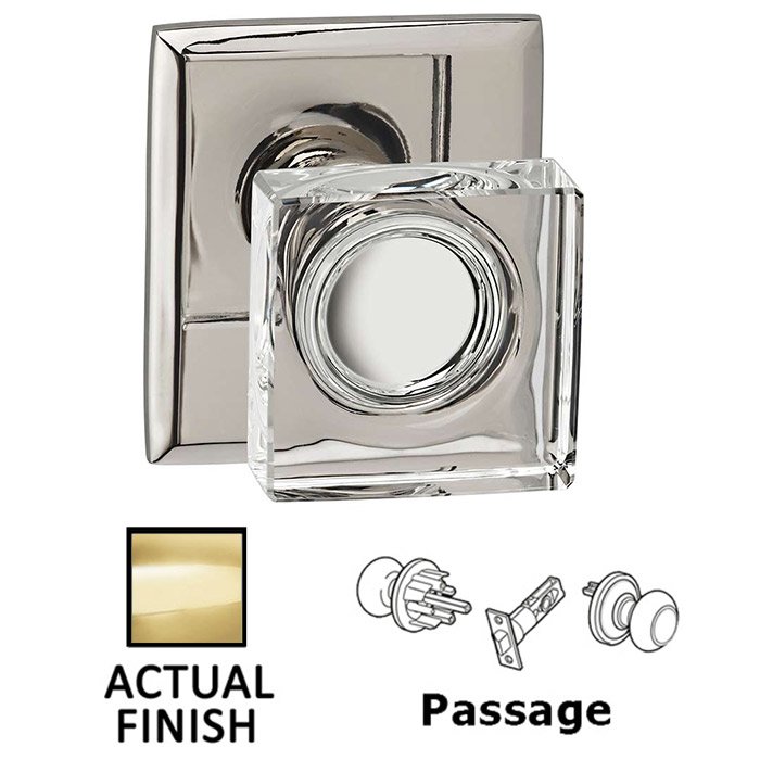 Omnia Hardware Passage Square Glass Knob With Rectangular Rose in Polished Brass Lacquered