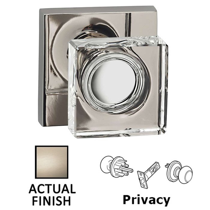 Omnia Hardware Privacy Square Glass Knob With Square Rose in Satin Nickel Lacquered