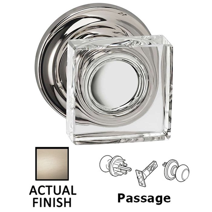Omnia Hardware Passage Square Glass Knob With Traditional Rose in Satin Nickel Lacquered