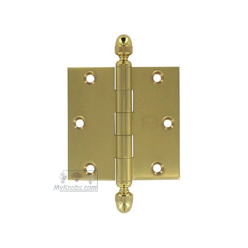 Omnia Hardware 3 1/2" x 3 1/2" Plain Bearing, Solid Brass Hinge with Acorn Finials in Polished Brass Lacquered