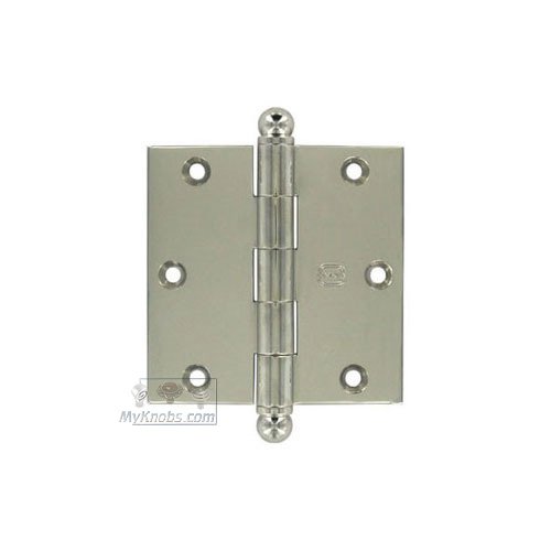 Omnia Hardware 3 1/2" x 3 1/2" Plain Bearing, Solid Brass Hinge with Ball Finials in Polished Polished Nickel Lacquered