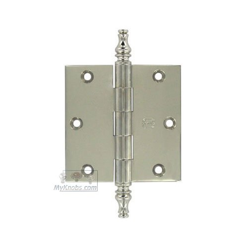 Omnia Hardware 3 1/2" x 3 1/2" Plain Bearing, Solid Brass Hinge with Steeple Finials in Polished Polished Nickel Lacquered