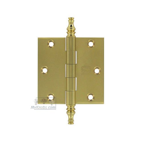 Omnia Hardware 3 1/2" x 3 1/2" Plain Bearing, Solid Brass Hinge with Steeple Finials in Polished Brass Lacquered